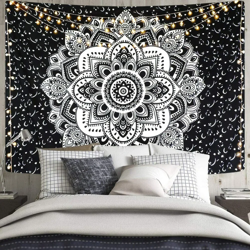 Mandala Tapestry Wall Hanging Black & Gray Wall Art Floral Decorative 51x59 Inch
